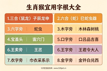 生肖猴起名：申猴三合六合宜用字根+忌用字避雷+60个高分好名推荐