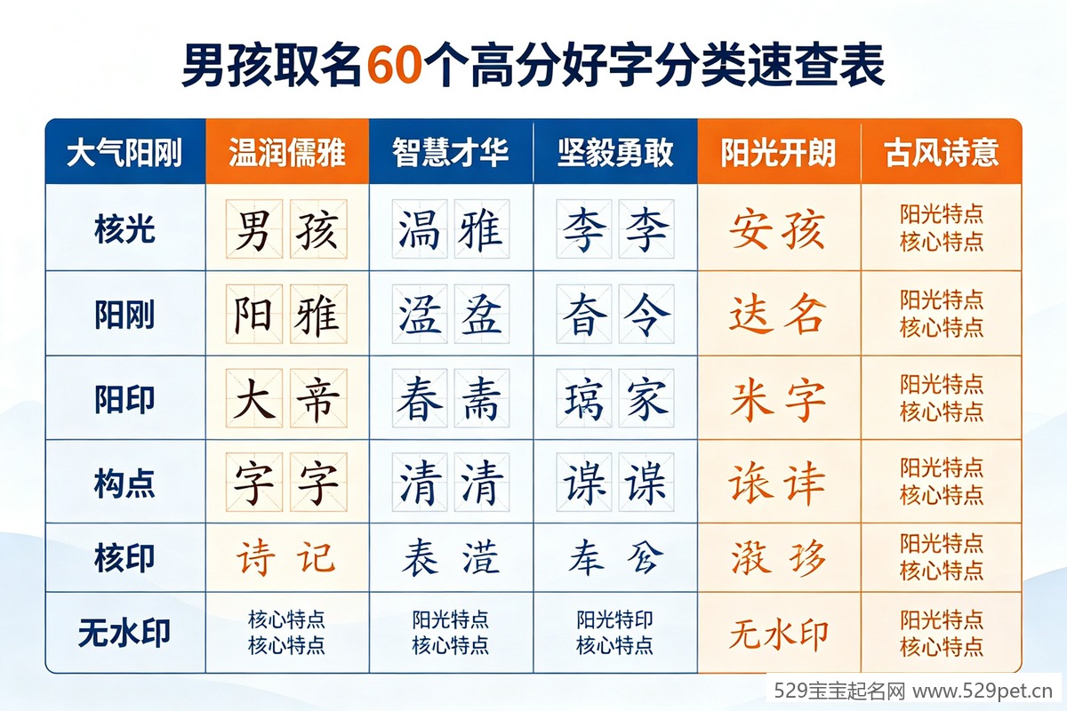 男孩取名60个高分好字分类速查表