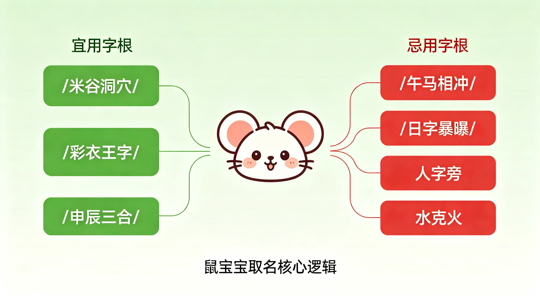 鼠宝宝取名核心逻辑:三大宜用字根+四大忌用字根+五行搭配