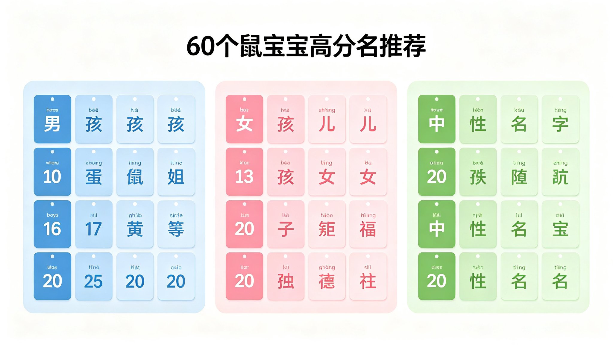 60个鼠宝宝高分名分类总览:男孩20个+女孩20个+中性20个