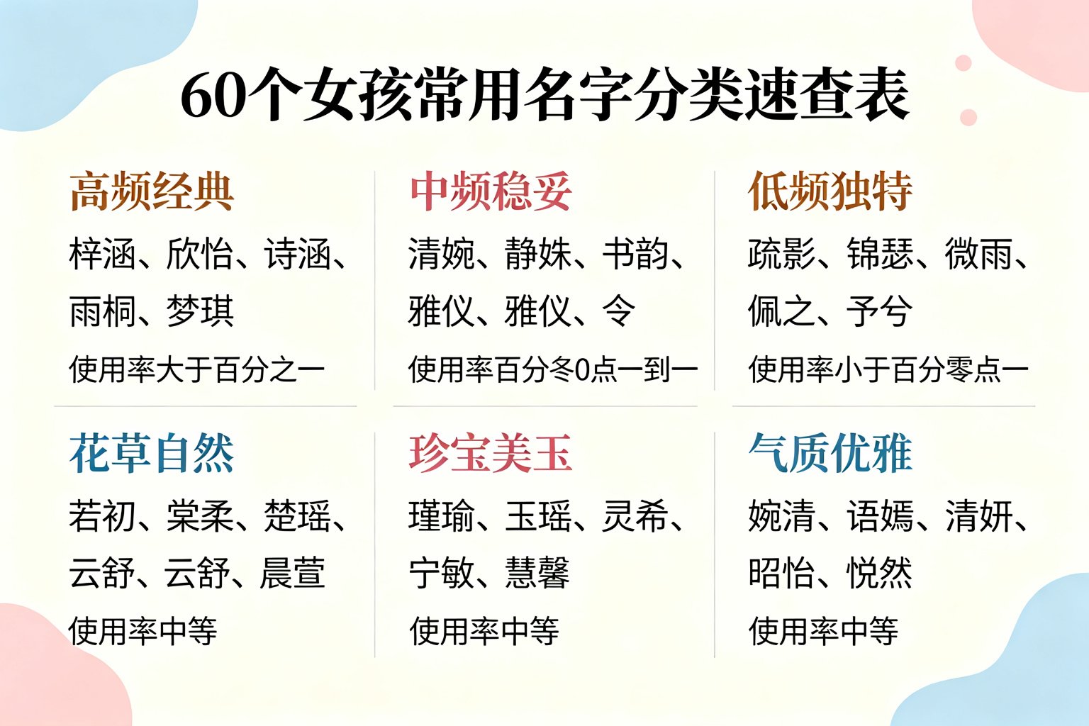 60个女孩常用名字分类速查表