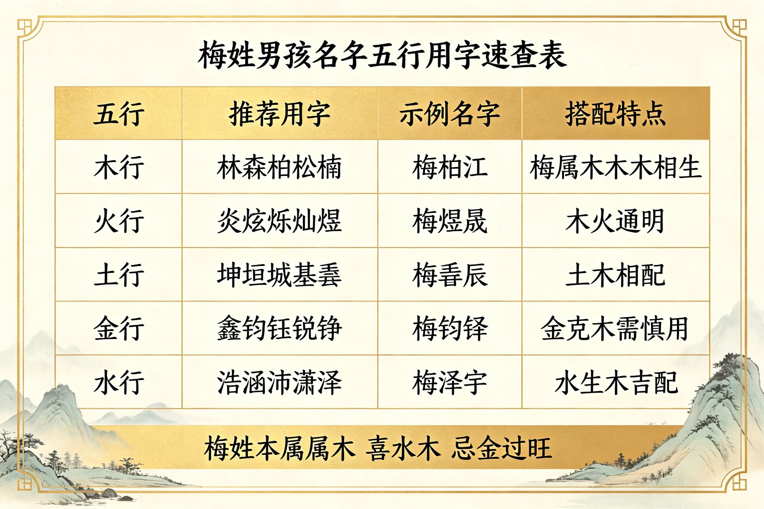 梅姓男孩名字五行用字速查表