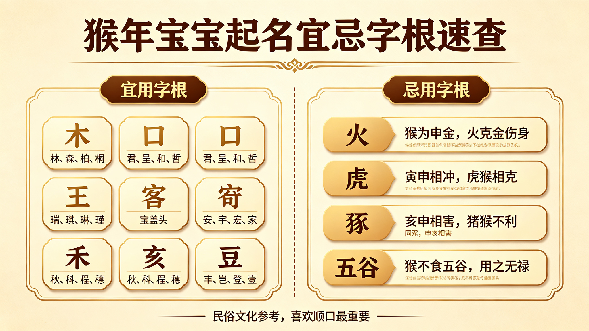 猴年生肖宜忌字根对比图