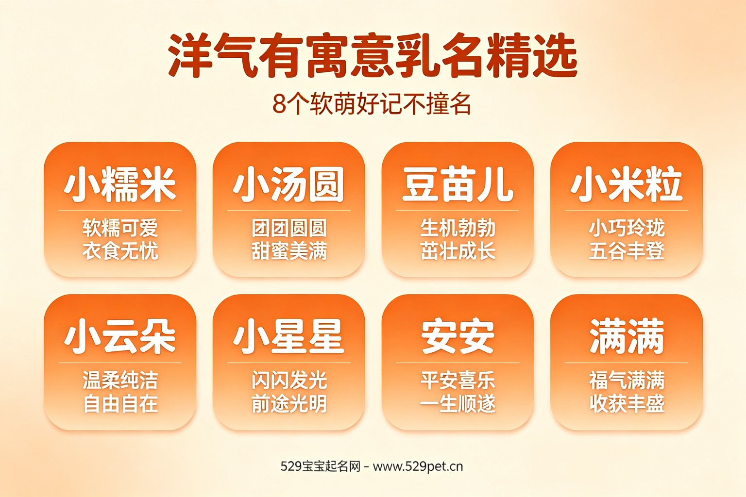 洋气有寓意乳名精选卡,展示小糯米、小汤圆、豆苗儿、小米粒、小云朵、小星星、安安、满满8个乳名及其寓意