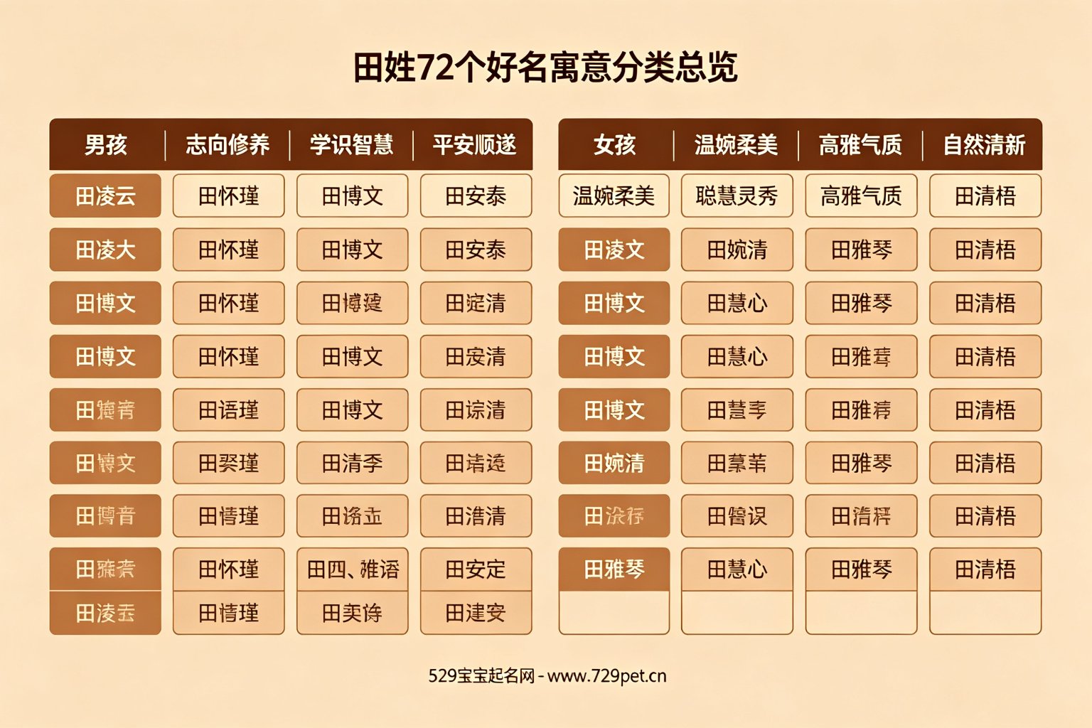 田姓72个好名寓意分类总览表,男孩36个女孩36个,按志向、品德、学识、平安等主题分类