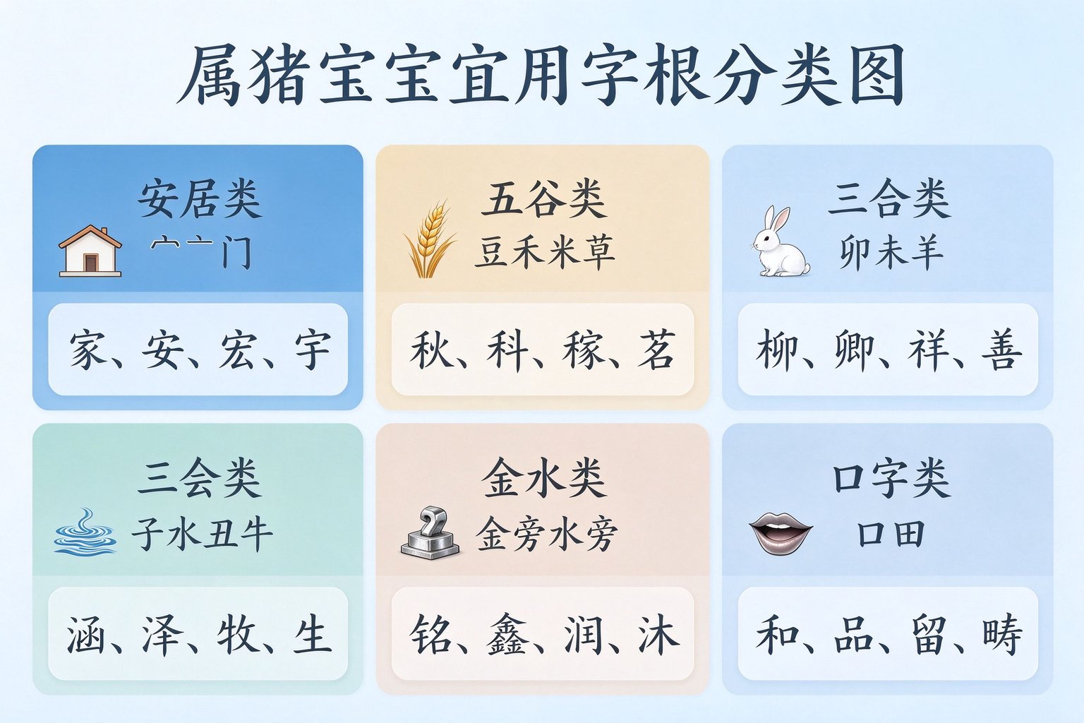 属猪宝宝宜用字根分类图,6大类字根及代表字