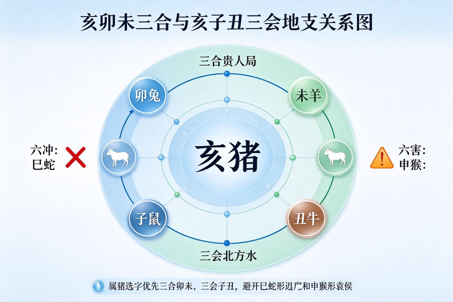 亥卯未三合与亥子丑三会地支关系图