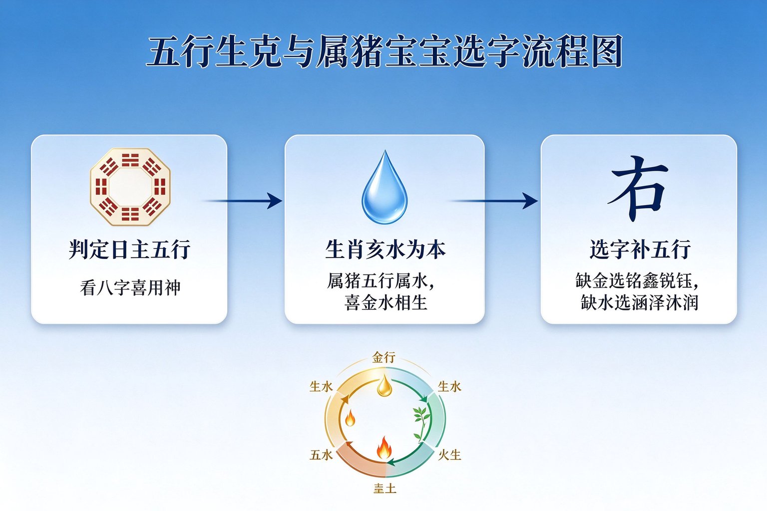 五行生克与属猪宝宝选字流程图