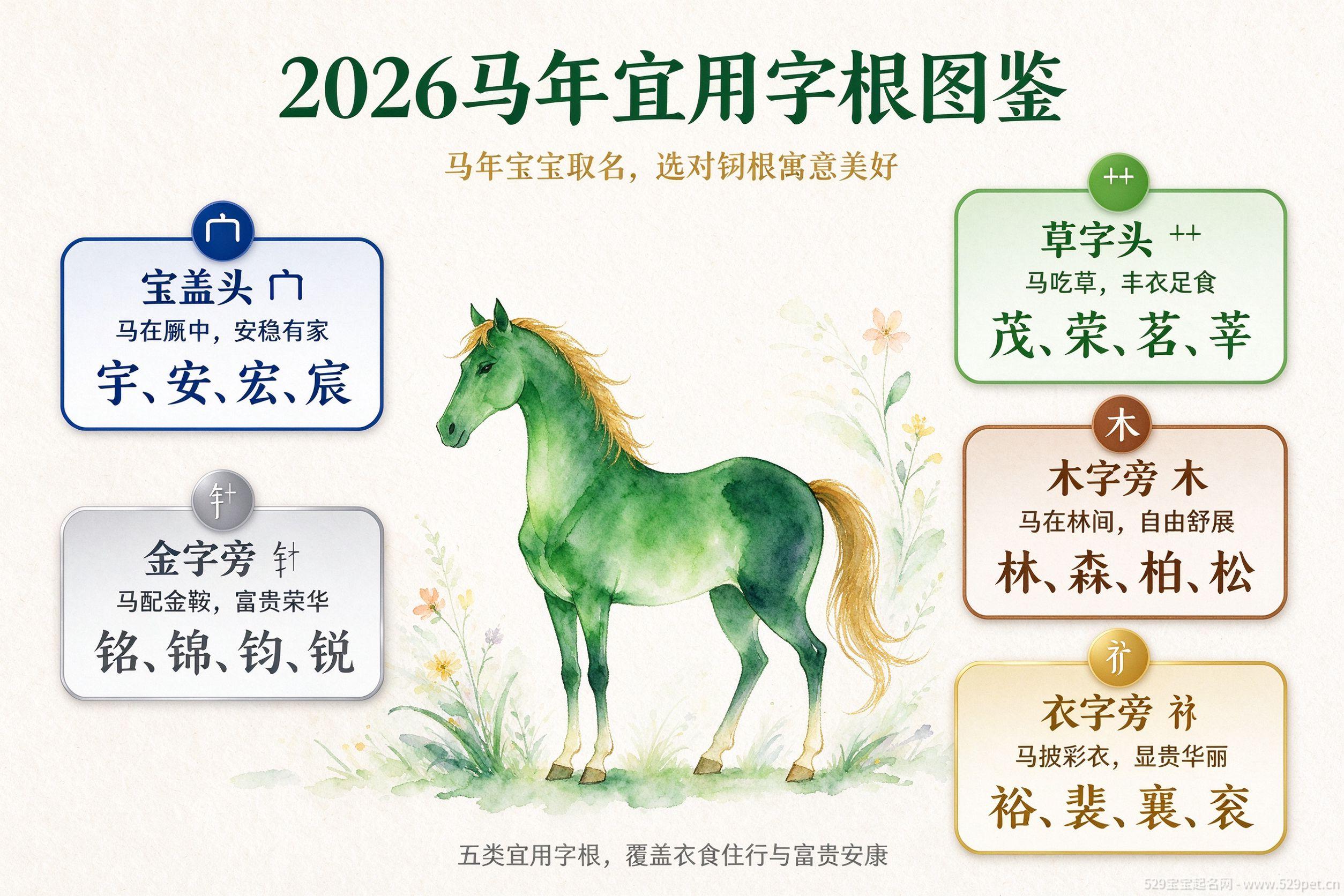 2026马年宜用字根图鉴:草字头木字旁衣字旁宝盖头金字旁五类宜用字根