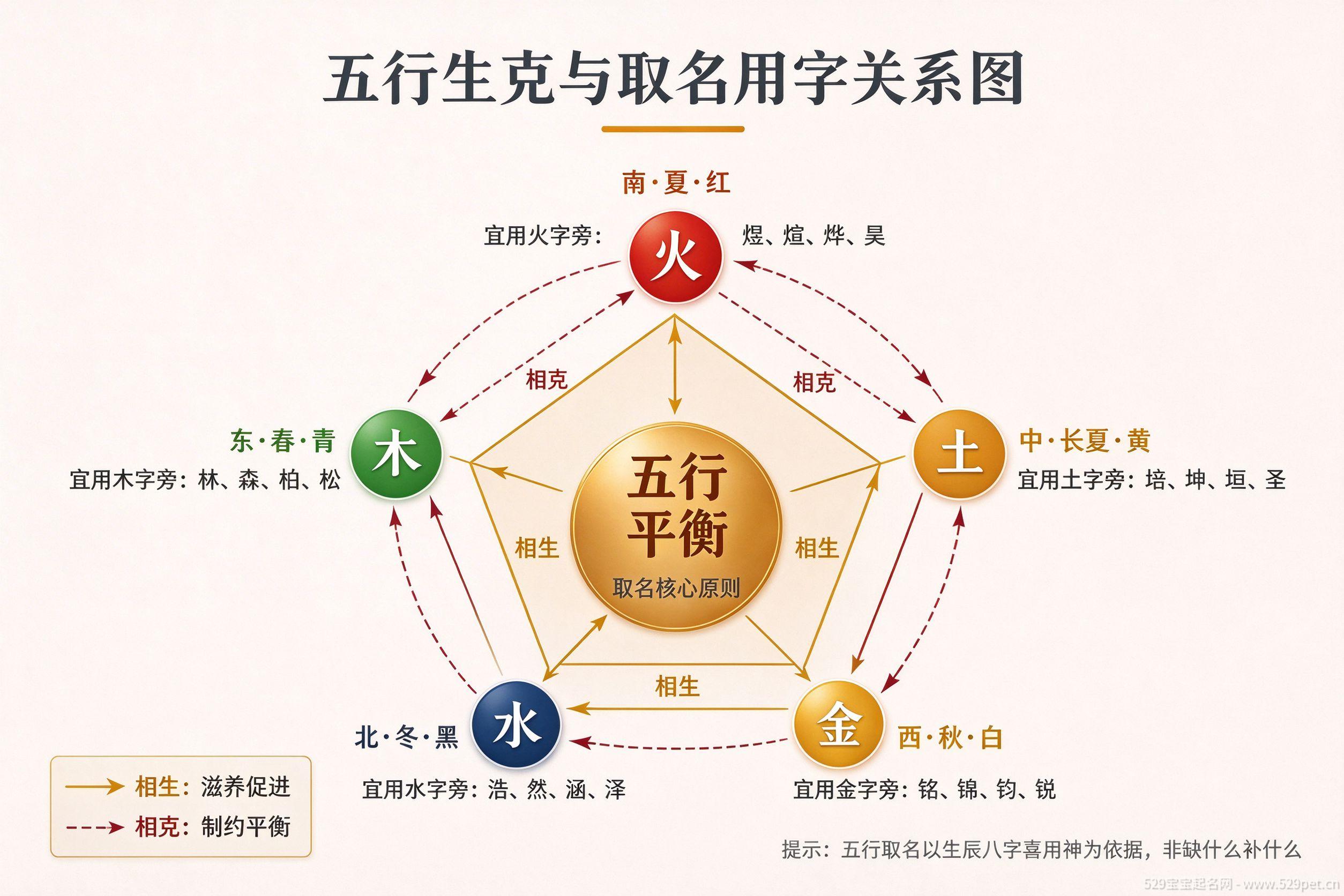 五行生克与取名用字关系图:金木水火土五行相生相克循环与对应偏旁