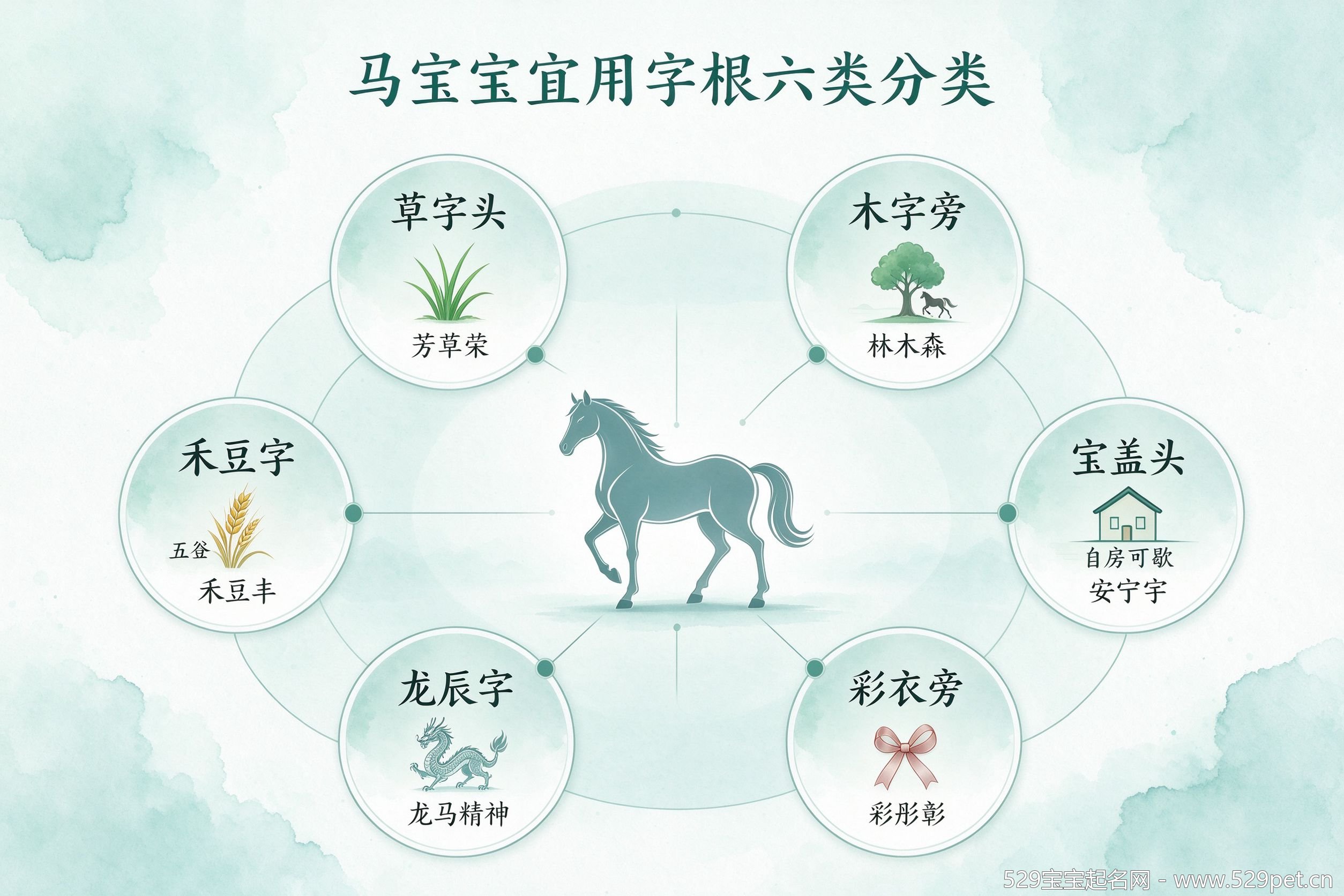 马宝宝宜用字根六类分类图,中心骏马剪影周围六类字根节点